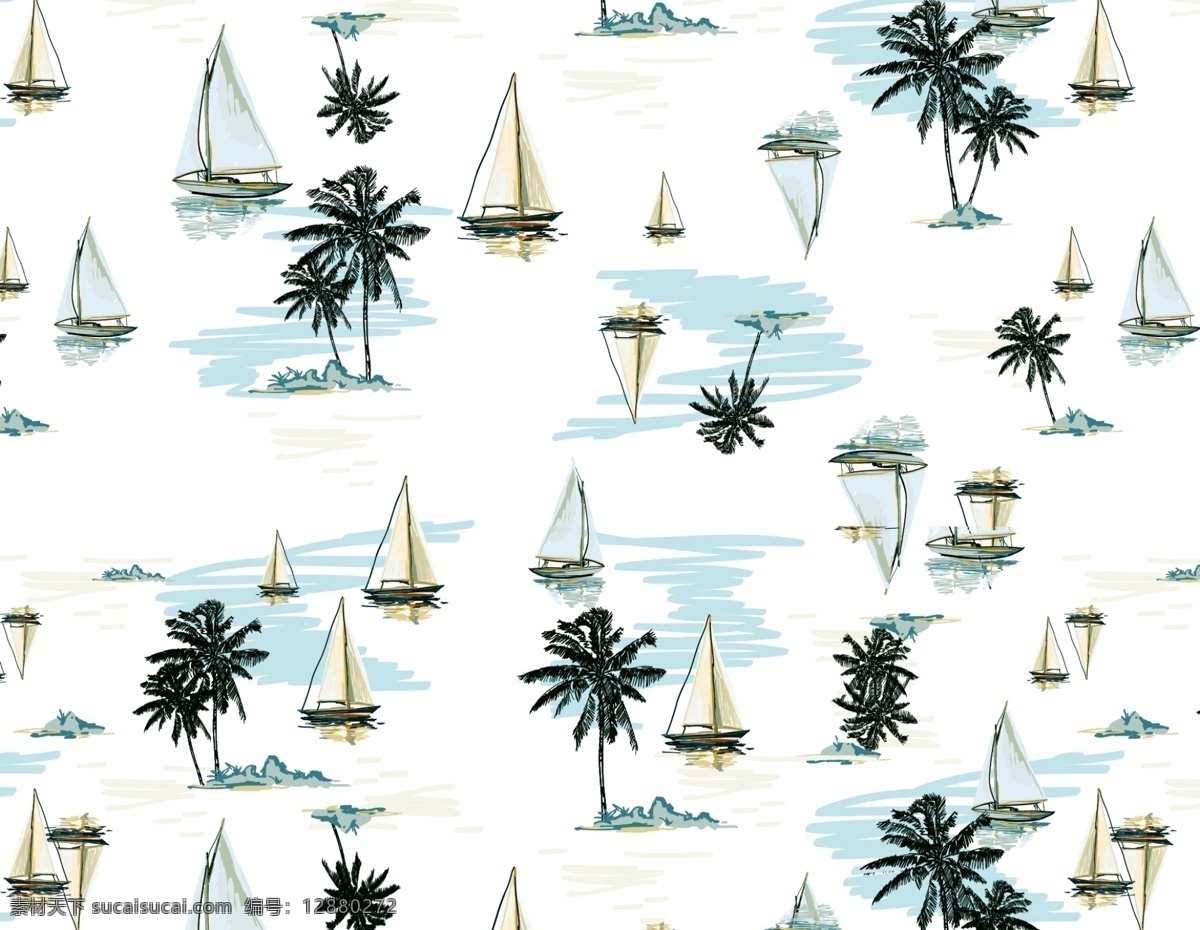 沙滩裤 椰树 帆船 印花 循环 乱花 分层