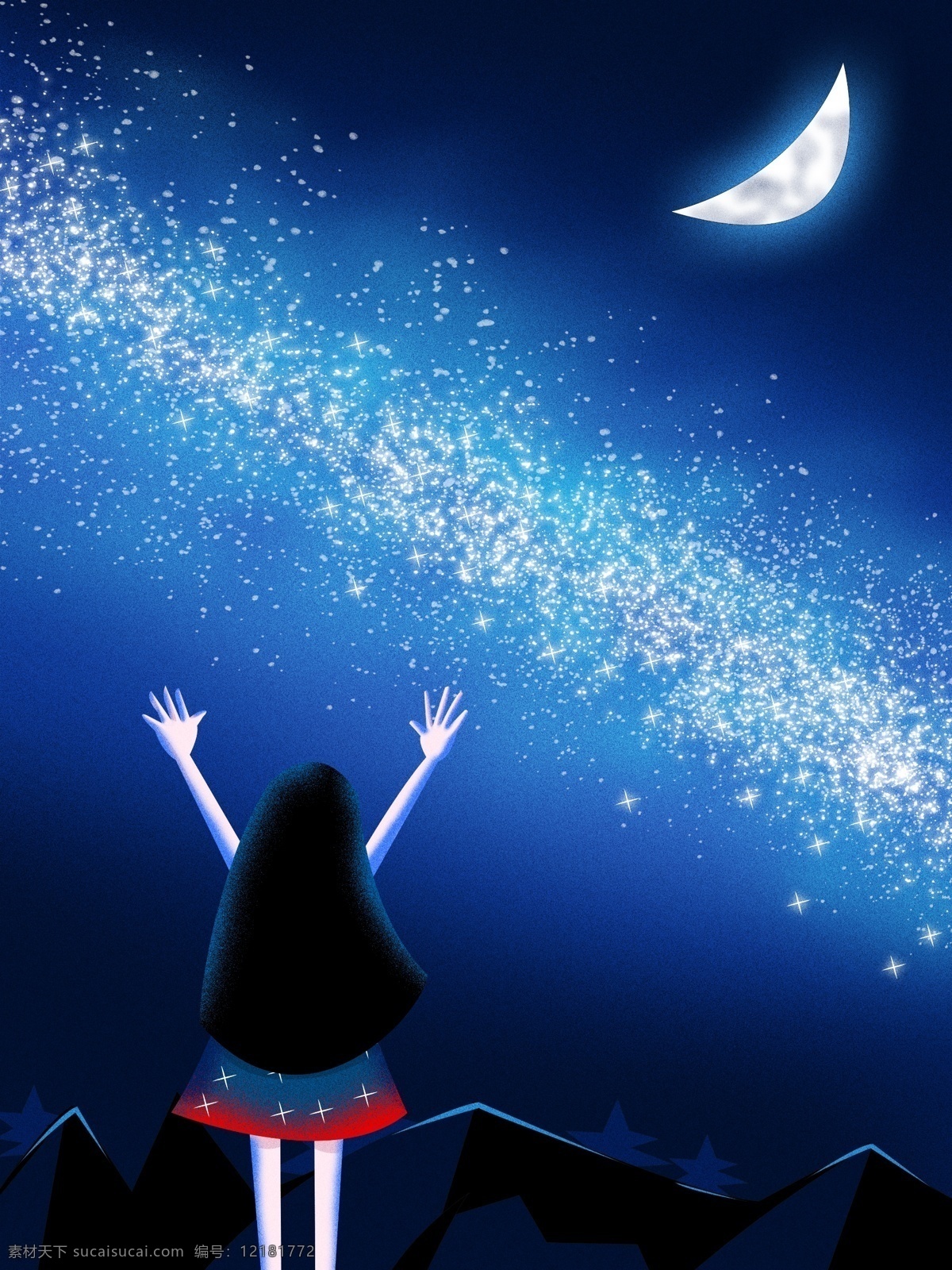 山上 星空 下 女孩 月亮 星星 长发 星云 深蓝 展开双臂