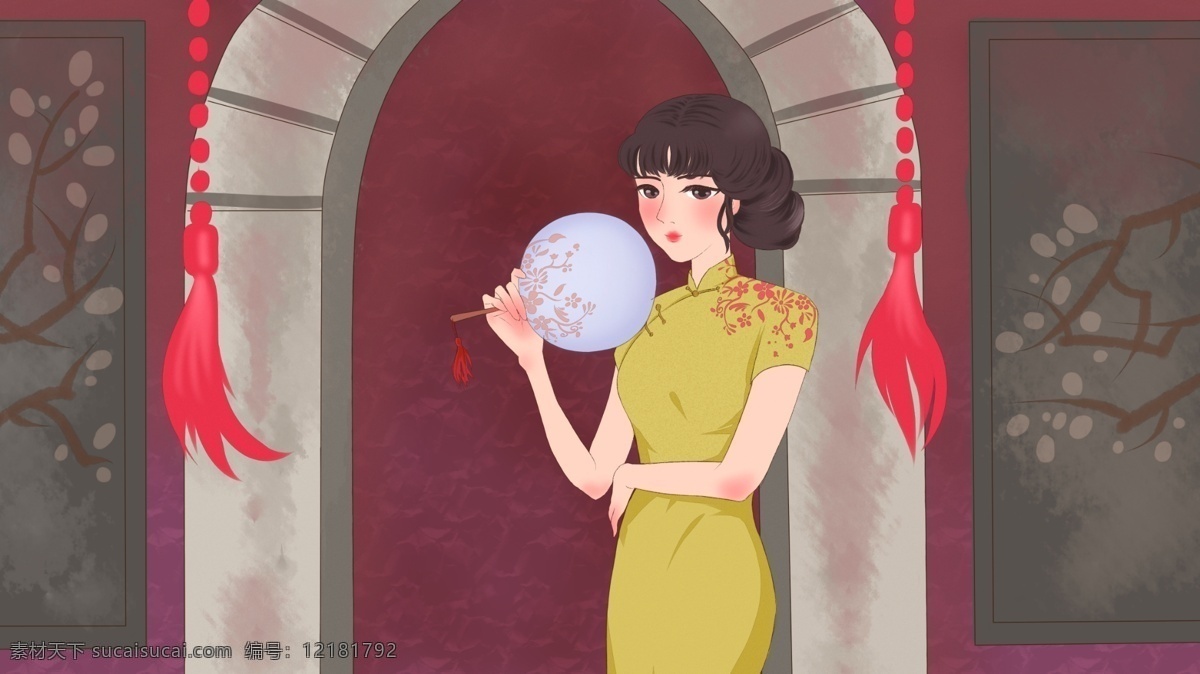 民国 扇子 穿 旗袍 女孩 原创 插画 女子 挂件 植物 大门口