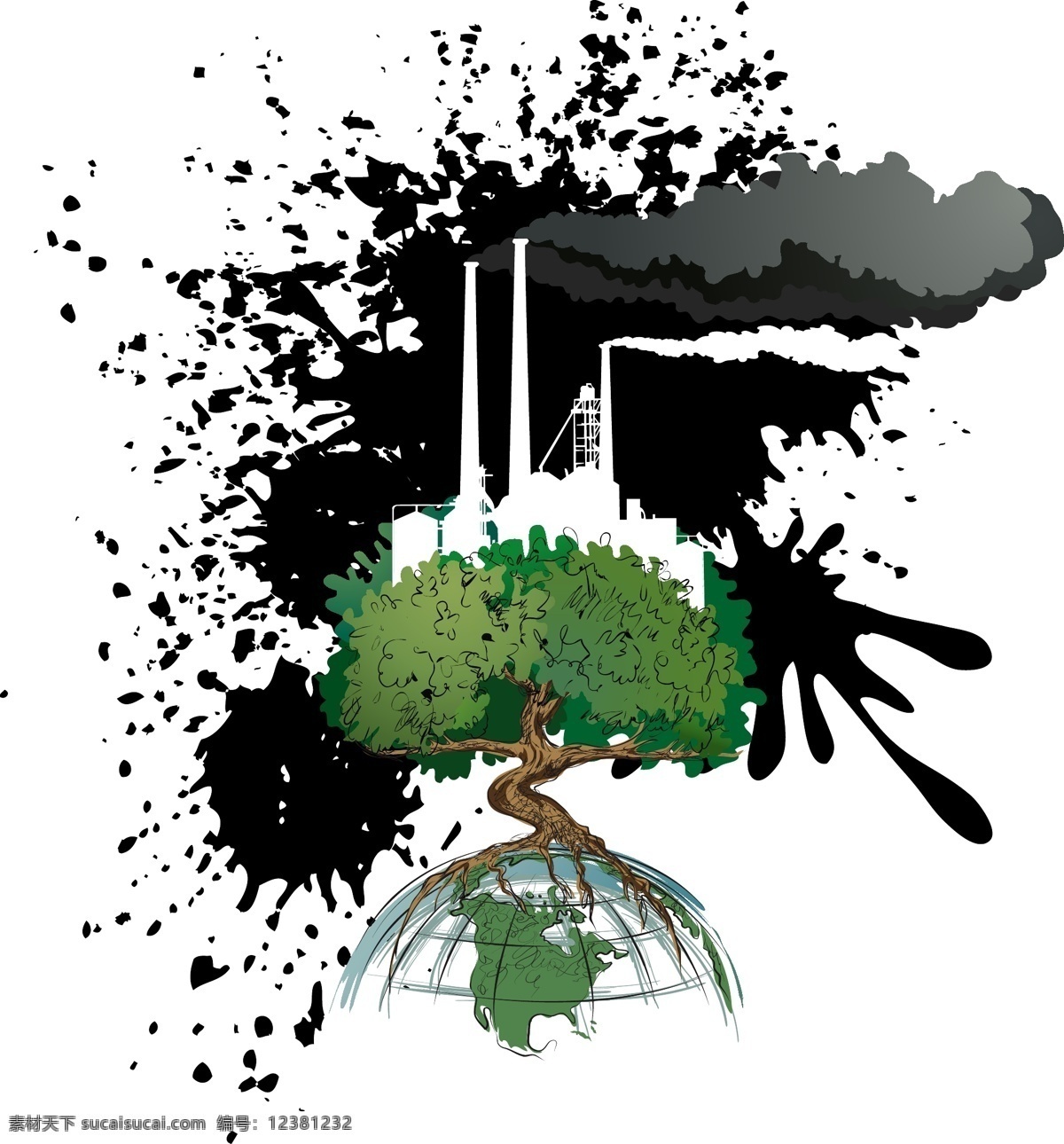 款 反应 环境污染 主题 插画 矢量 地球 工厂 墨迹 树木 烟囱 烟雾 废气 矢量图 其他矢量图