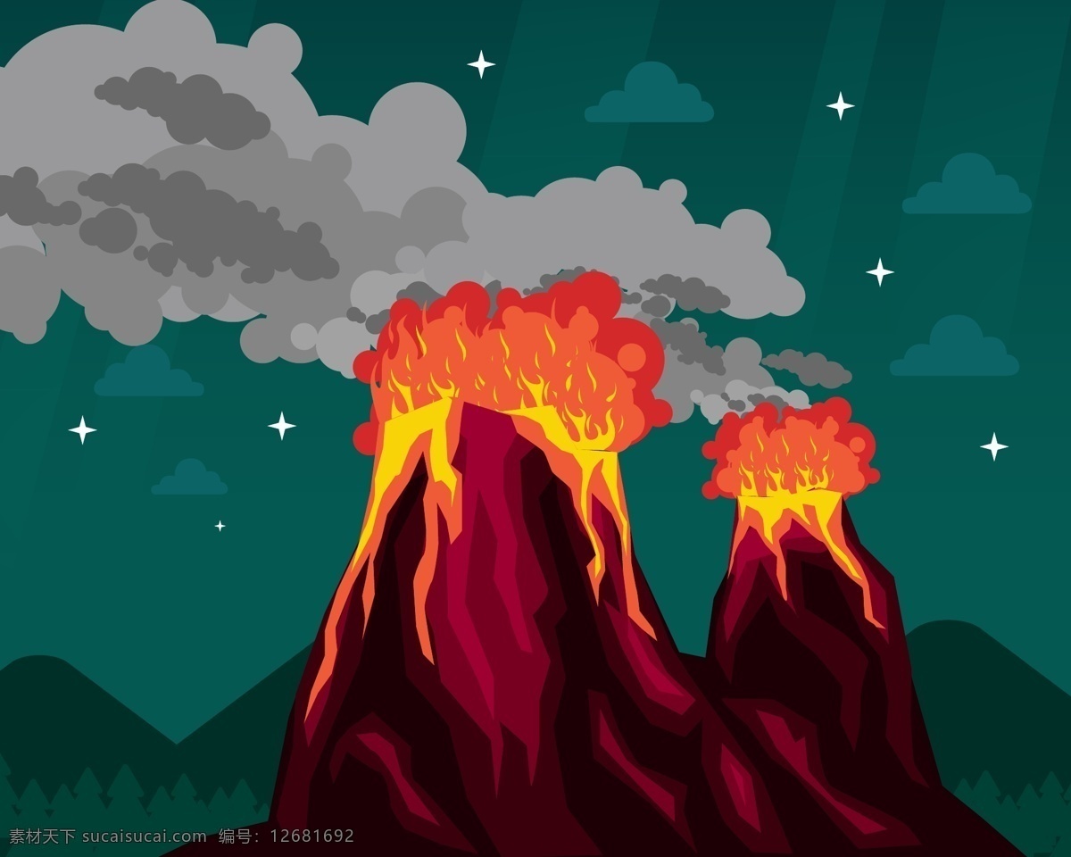 扁平化 火山 爆发 插画 扁平化插画 手绘插画 火山爆发 熔浆