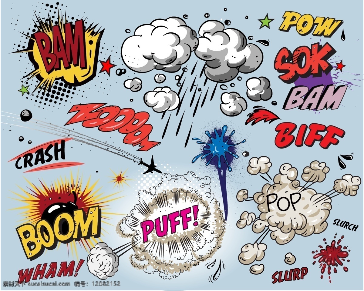 卡通漫画 风格 爆炸 效果 矢量 pop 超酷 卡通 漫画 矢量素材 烟雾 云团 炸弹 bam boom puff pow sok 辉记 矢量图 其他矢量图