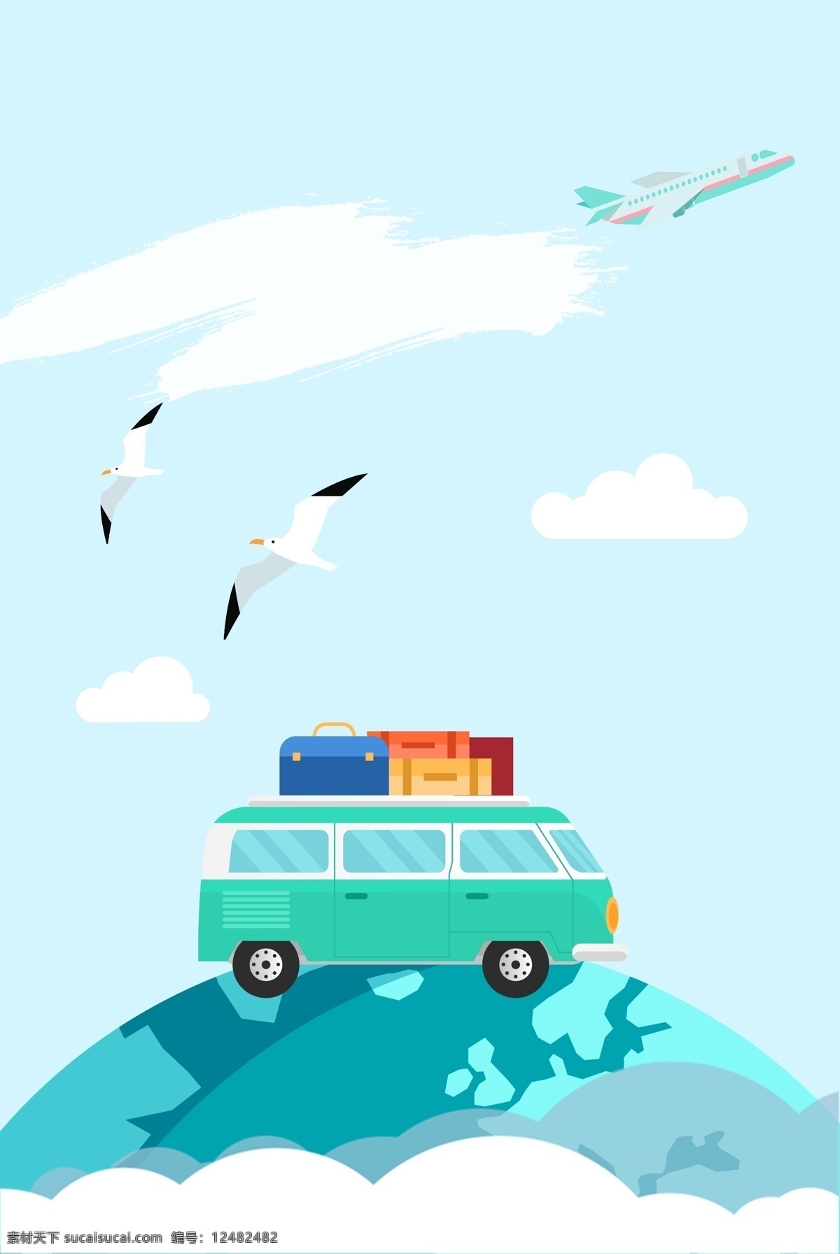 小 清新 地球 旅行 旅游 海边 背景 小清新 海边背景 小车 巴士旅游车 海鸥 白云 环球旅行 飞机