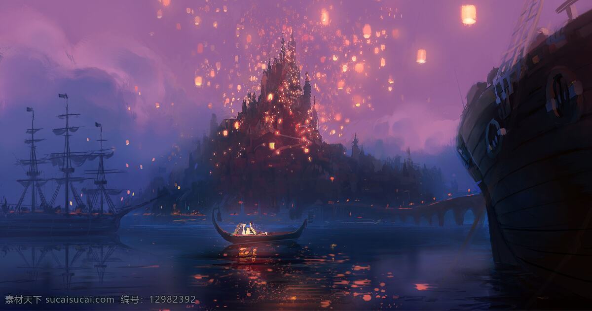 江船火烛明 江船 火烛 明 孔明灯 江水 桌面 背景 设计素材 动漫动画 风景漫画