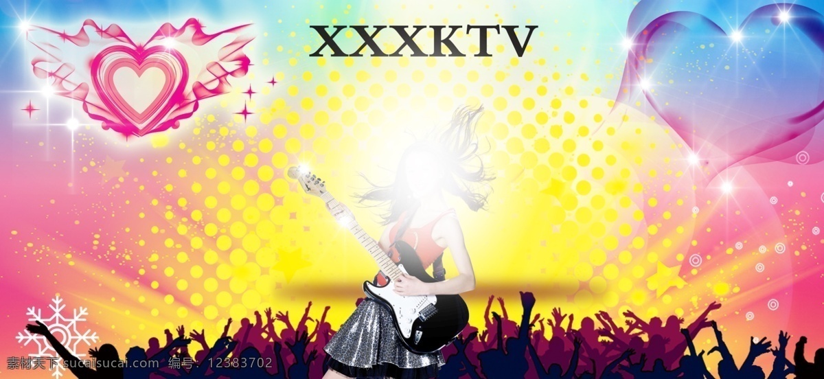 ktv 展板 ktv展板 发光 广告设计模板 吉他 开业展板 美女 女人 心形 渐变展板 展板模板 源文件 psd源文件