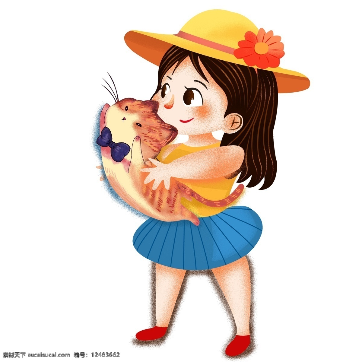 手绘 治愈 系 抱 猫咪 女孩 插画 治愈系 彩绘 卡通设计 少女 儿童 人物设计 帽子 夏季