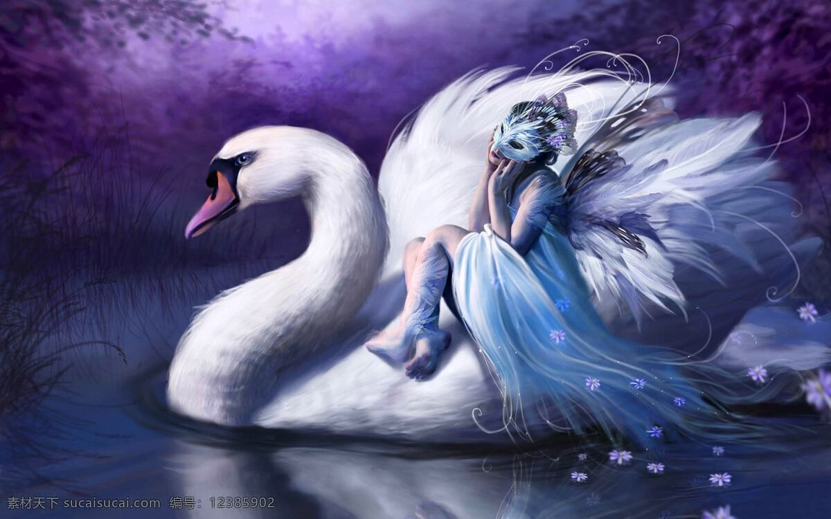 美女 天鹅 翅膀 湖水 羽毛 星空 动漫动画