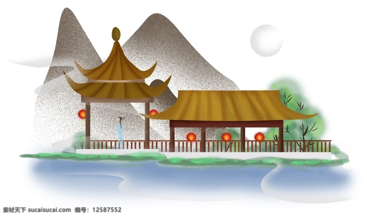 中国 风 亭子 里 女孩 中国风 古风 春天 湖 湖水 仕女 仙女 夜色 传统建筑 山 大山 树木 立春 夏天 庭院 中国建筑 古典园林