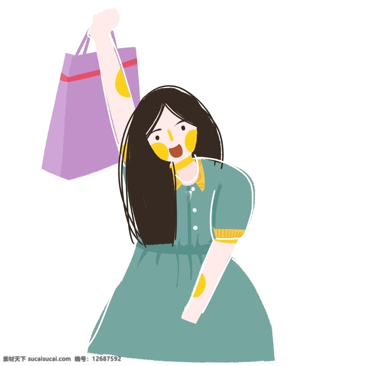 文艺 购物 女孩 卡通 手绘 商用 元素 清新 人物 插画 女生 购物袋