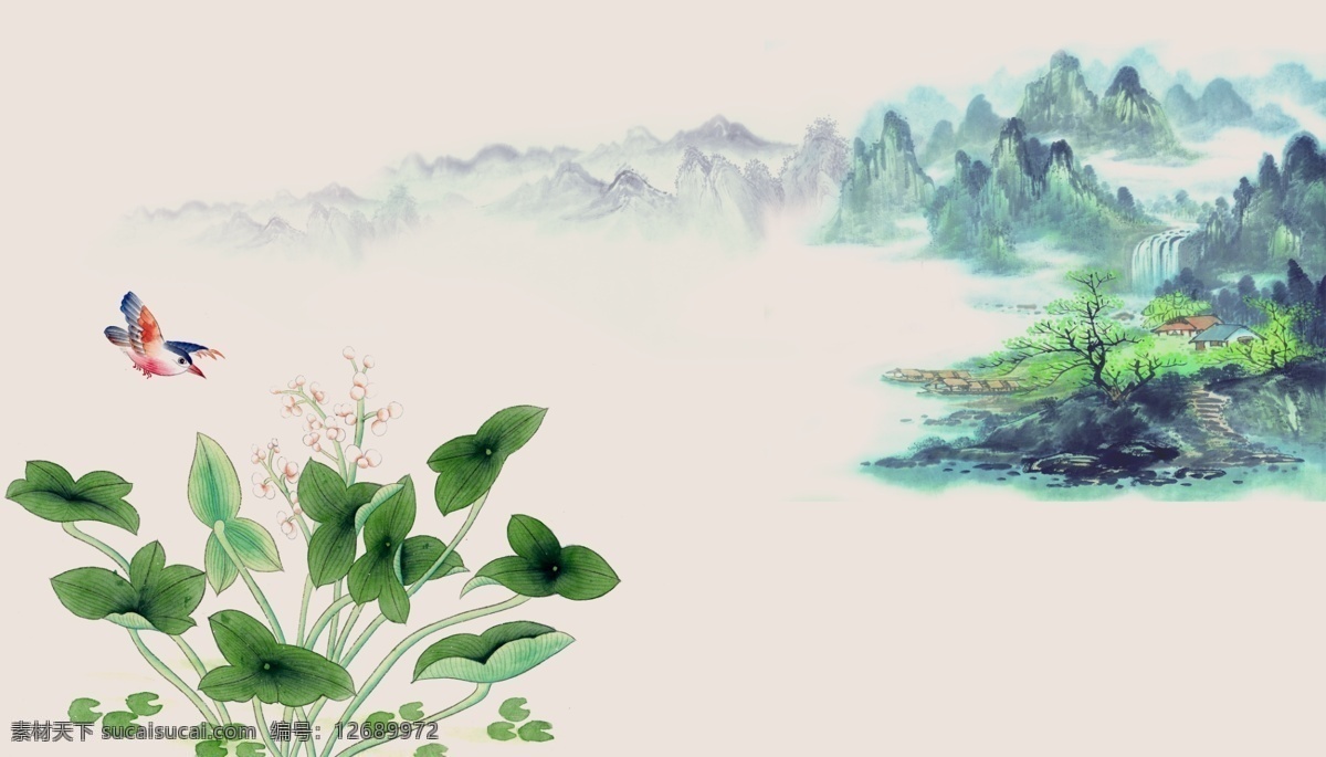 古典 中国 风 山水 花朵 背景 中国风