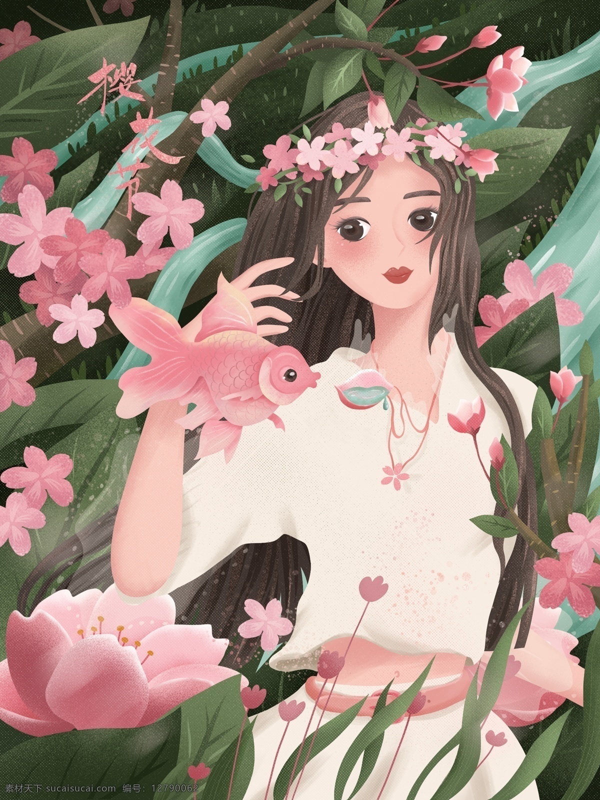原创 手绘 插画 浪漫 樱花节 樱花 花 花海 女孩 植物 自然 手绘插画