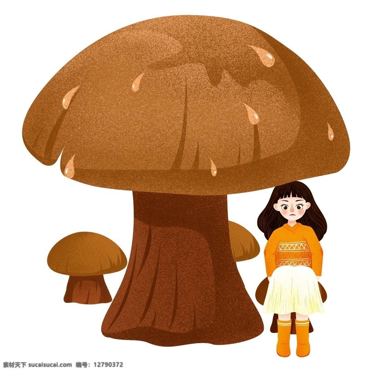 唯美 手绘 蘑菇 下 女孩 元素 插画元素 简约 卡通 免扣素材 人物元素
