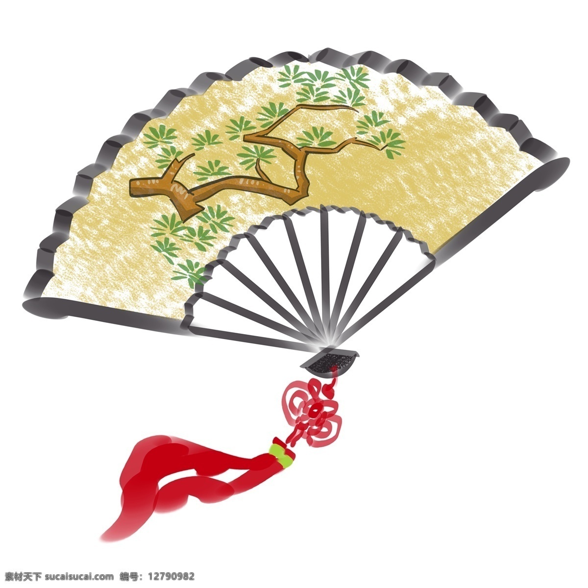 水墨 流苏 古典 折扇 水墨扇子 中国风 红色流苏 绿树扇面 手折扇 古风执扇 中国文化 文化艺术