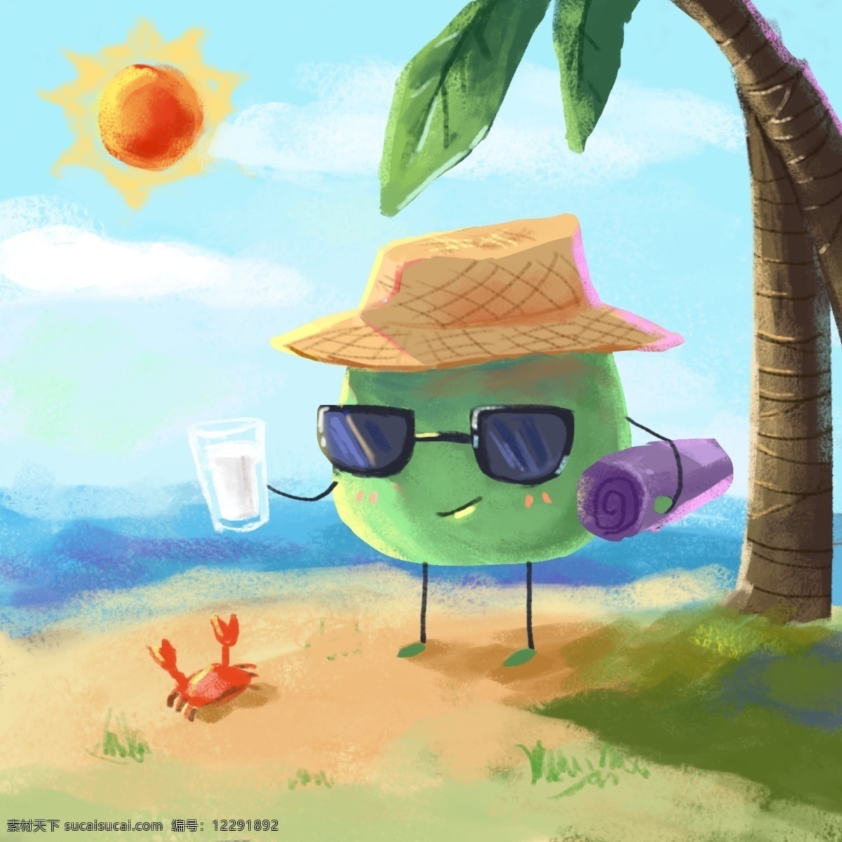 美丽 的卡 通 可爱 手绘 水彩 夏季 海滨 椰子 背景 卡通 夏天 太阳 海边 天空 螃蟹 可可