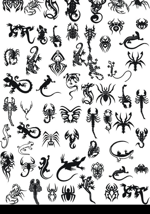 蝎子蜘蛛蜥蜴 蝎子 蜘蛛 蜥蜴 纹身图案 黑色 数量多 生物世界 野生动物 矢量图库