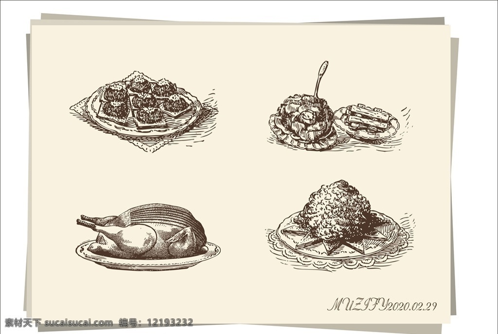 美食手绘稿 美式烤鸡 法式欧培拉 美式松饼 萨芭雍 美式手绘稿 手绘稿 素描画 生活百科 餐饮美食