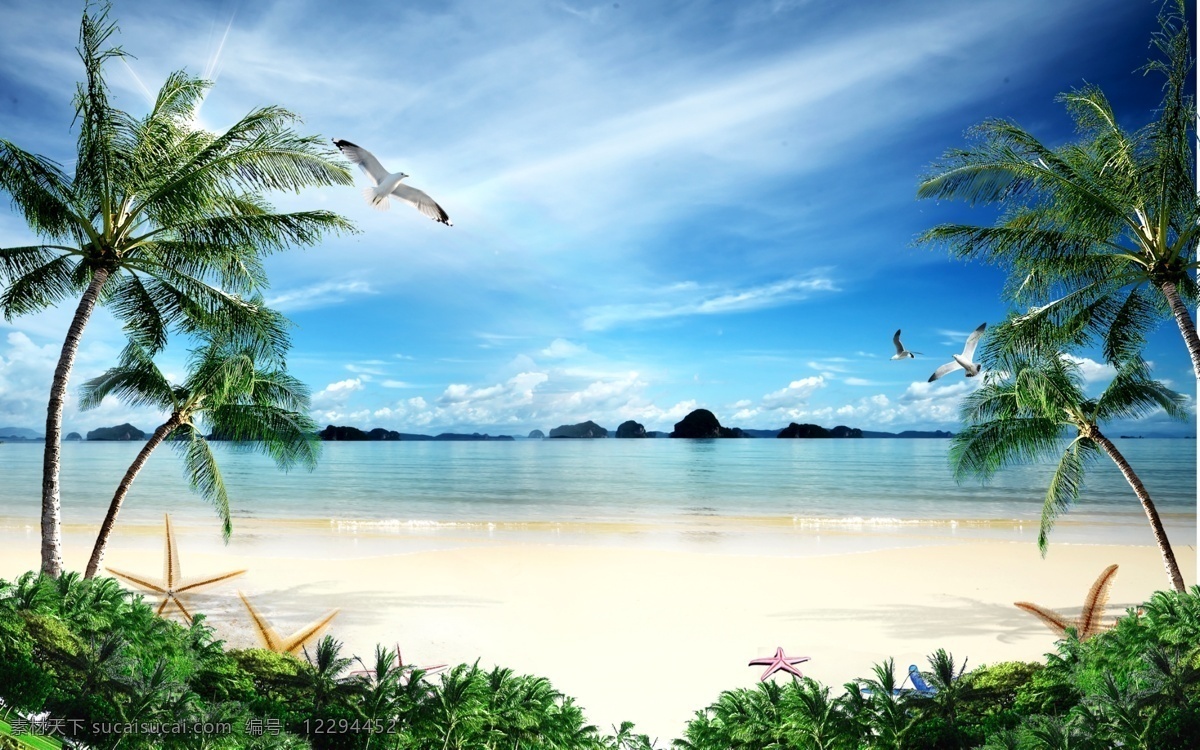 椰子树 海水 风景 背景 墙 海景风景 现代背景 草地海景 草地风景 花草贝壳 石头沙滩 现代树 现代海景画 风景如画海景 一帆风顺海景 乐 蓝天 风景图片 海鸥 阳光 沙滩 夏日 背景墙 装饰画 墙纸 壁纸 墙贴 海边海景风景 蓝天白云 分层