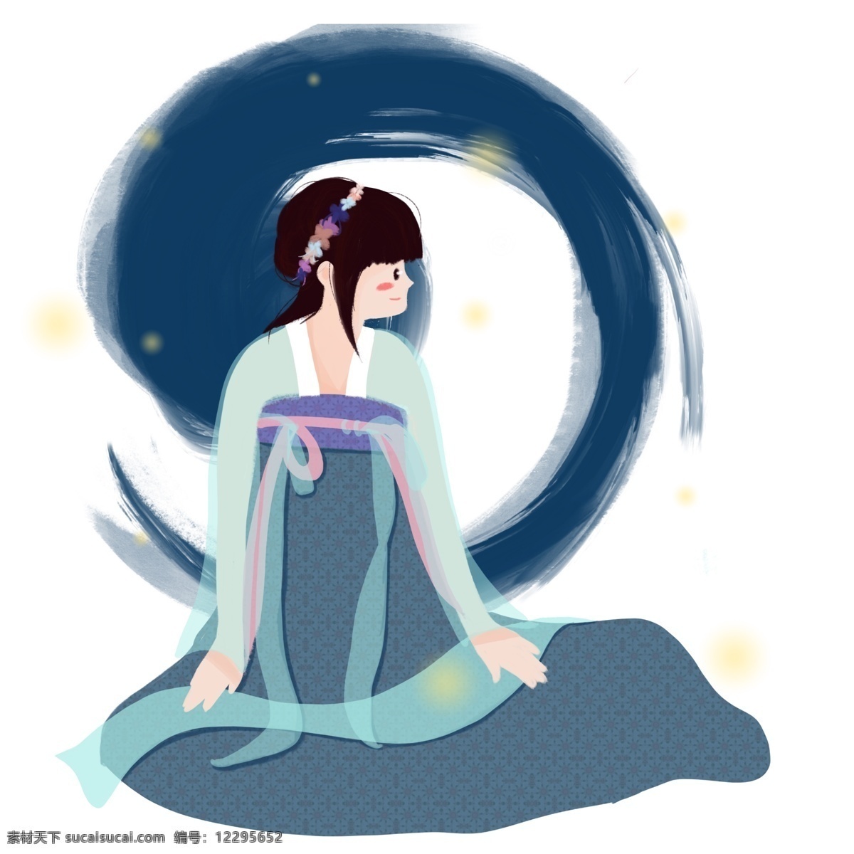 手绘 墨 蓝色 汉 服 女子 席地而坐 手绘风格 墨蓝色汉服 汉服饰 墨韵 襦裙 中国风 小家碧玉 传统服饰 中华服饰 飘带