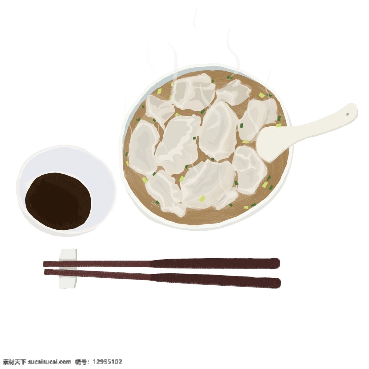 卡通 手绘 传统 美食 饺子 春节 吃饭 美味 冬至 年味 团圆 大碗 热气 热菜 汤 卡通手绘 小年吃饺子