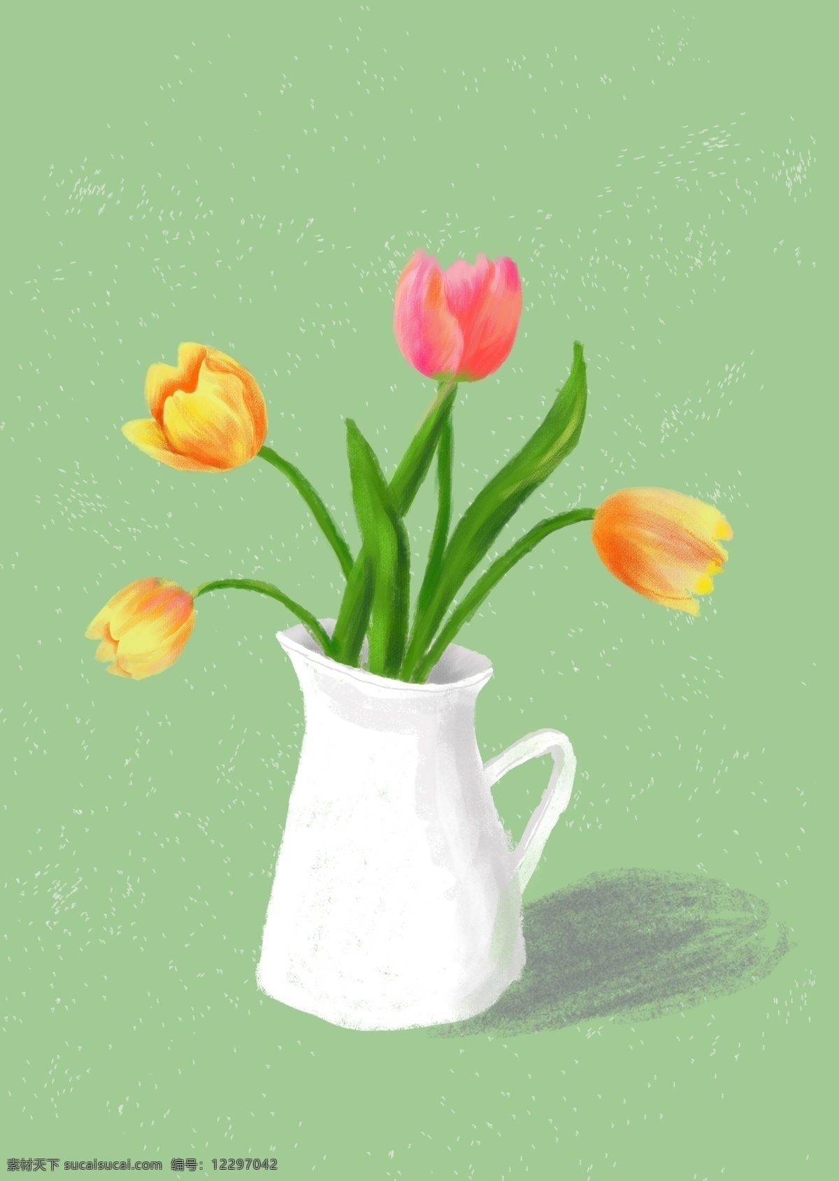 手绘 郁金香 插画 小清新 植物 花卉 绿色 粉色 文化艺术 绘画书法