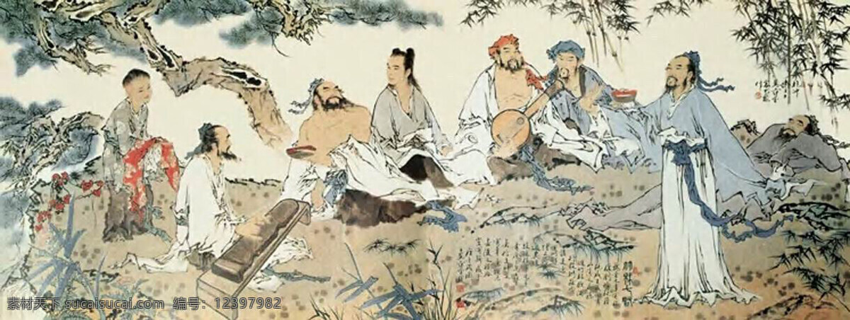 七贤 高清 单门图 国画 矢量图 矢量人物