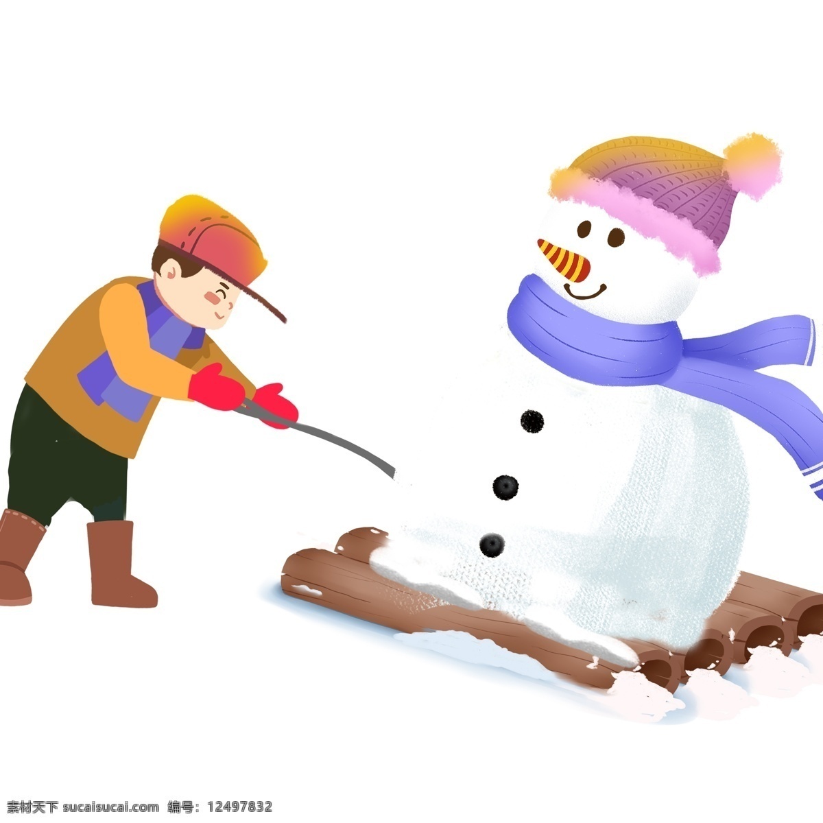 手绘 小 清新 拉 雪橇 男孩 唯美 冬日 堆雪人 小男生 儿童