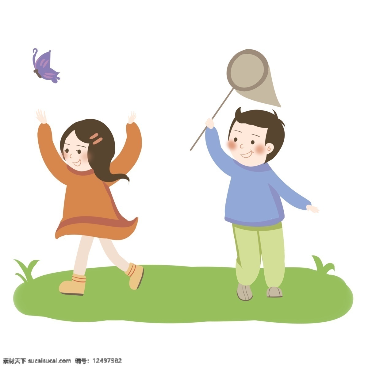 春游 可爱 兄妹 抓 蝴蝶 可爱兄妹 抓蝴蝶 色彩丰富 暖色系 精致 精美 颜色艳丽 多姿多彩 快乐 欢快 高兴