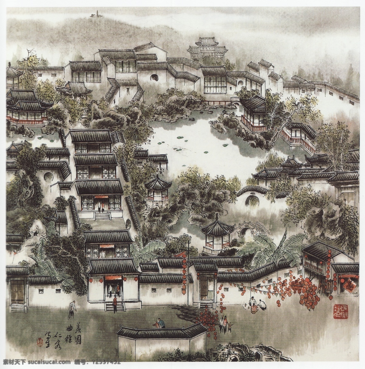 羡园 国画 中国画 山水画 山水国画 国画山水 写意画 彩墨山水画 书法 大师作品 风景画 写意 写意国画 国画写意 园林 苏州园林 苏州 房子 建筑 名胜古迹 墨迹 水墨画 绘画 树木 植物 寺庙 假山 石头 池塘 荷塘 荷叶 苏州园林国画 绘画书法 文化艺术