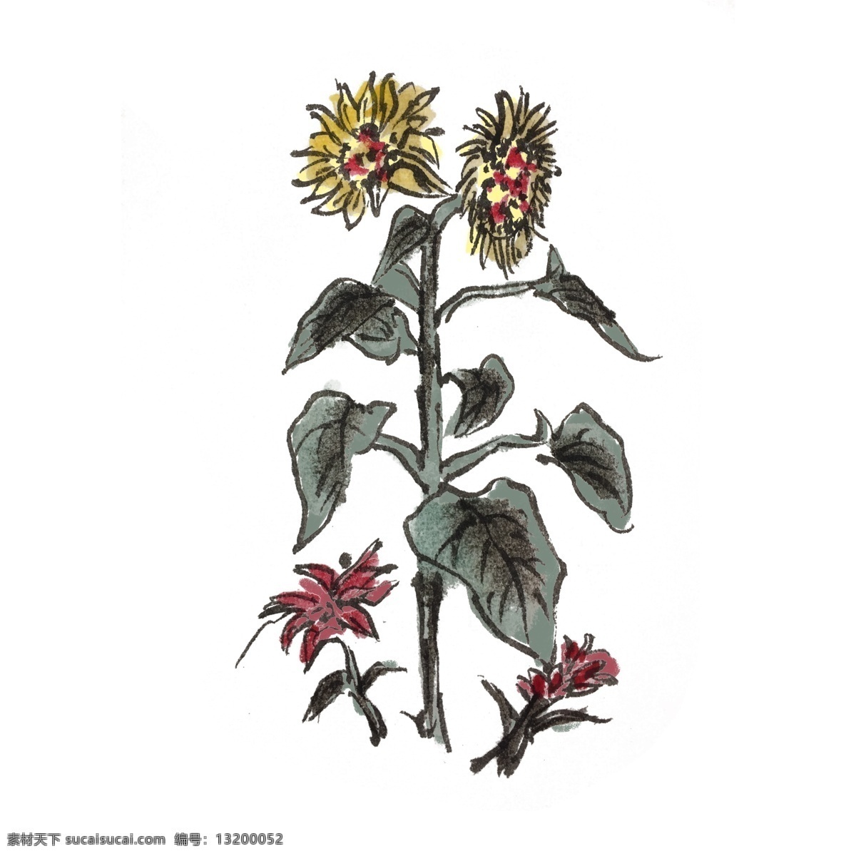 夏天 水墨 向阳花 手绘 插画 夏季 向日葵 水果 中国风 古风 水墨风 墨迹 彩色 春天 生动 花草 国风 国画