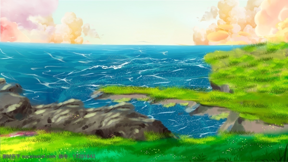卡通 手绘 海边 风景 插画 背景 树叶背景 绿色背景 植物背景 唯美 草地背景 绿地背景 蓝天白云 海边风景