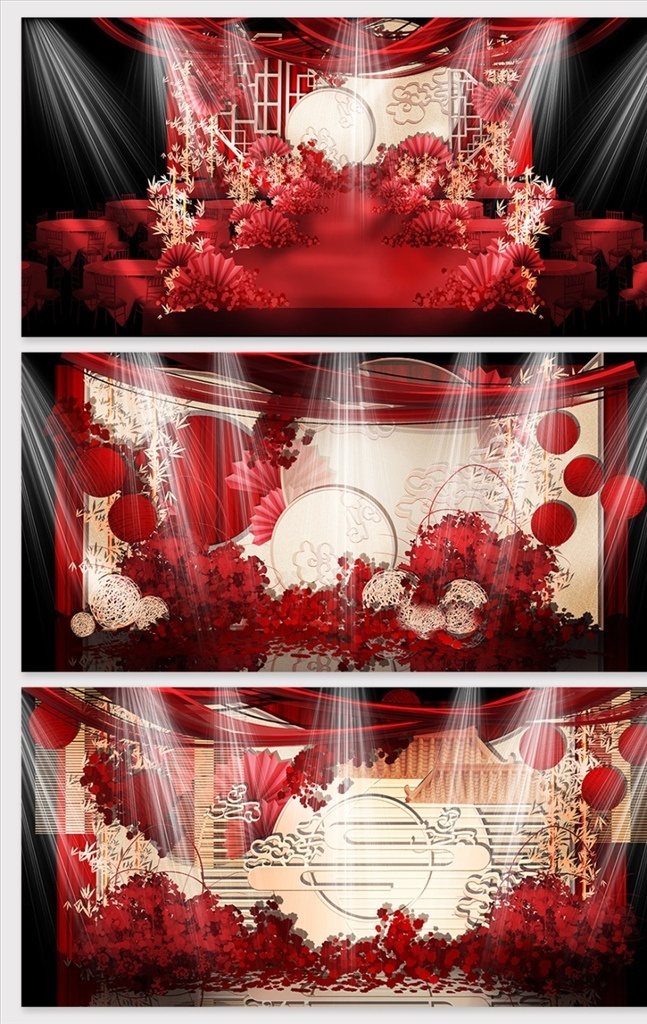 红色 中式 婚礼 效果图 婚礼效果图 中式唯美 中式花窗 竹席 木框 吊顶瓦房 纱幔 云纹 竹子素材 展板模板