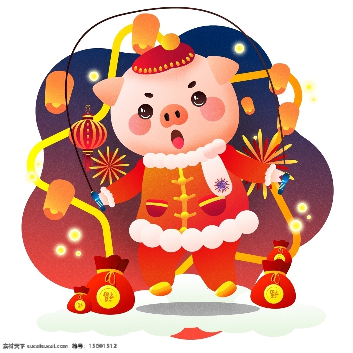 2019 新年 快乐 猪 跳绳 形象 原创 矢量 元素 可爱 灯笼 喜庆 春节 冬季 猪年 卡通 福袋 孔明灯 礼花 开心 过年 新春 冬天