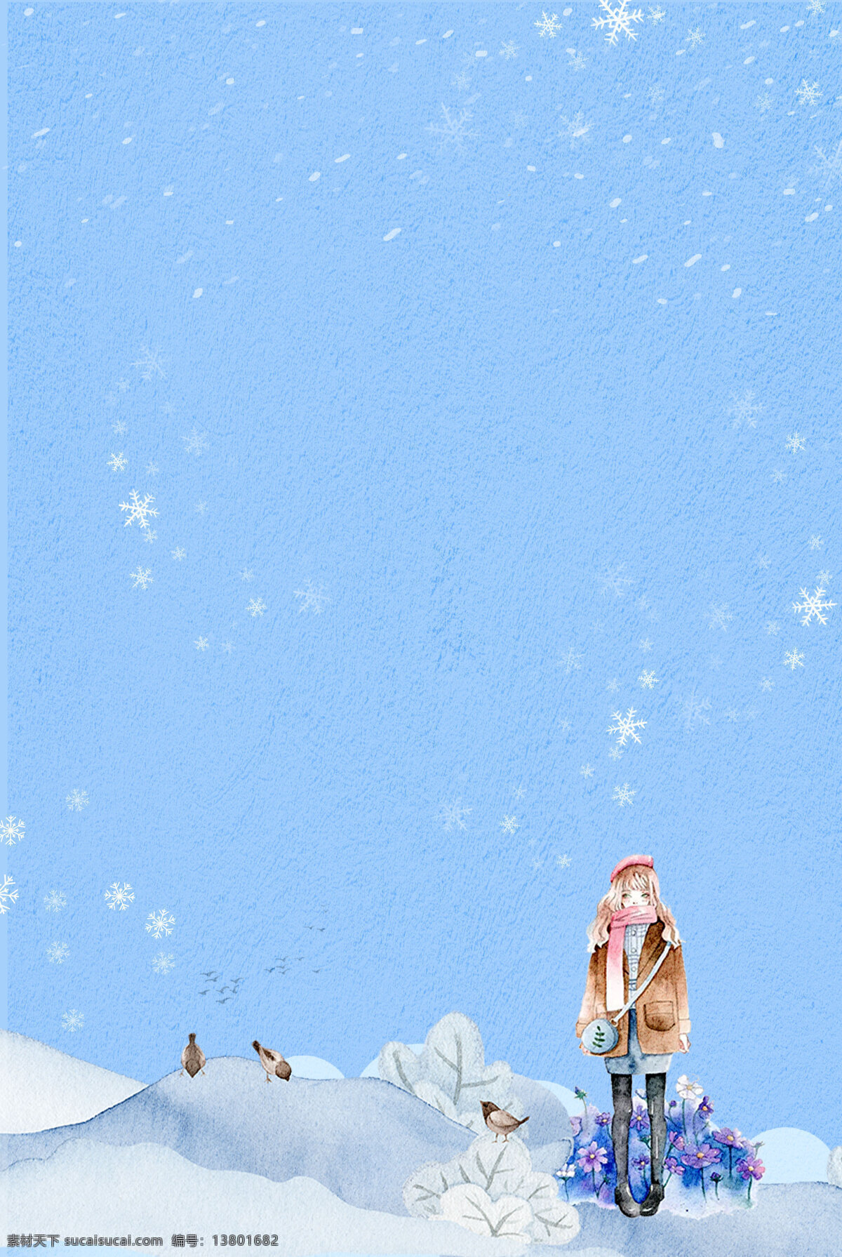 小 清新 冬季 雪花 背景 广告 海报 卡通 可爱 蓝天 美女
