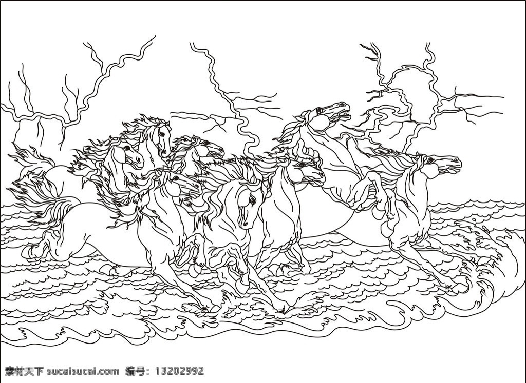 八骏马 艺术玻璃 深雕 上彩 背景墙 野生动物 生物世界 矢量