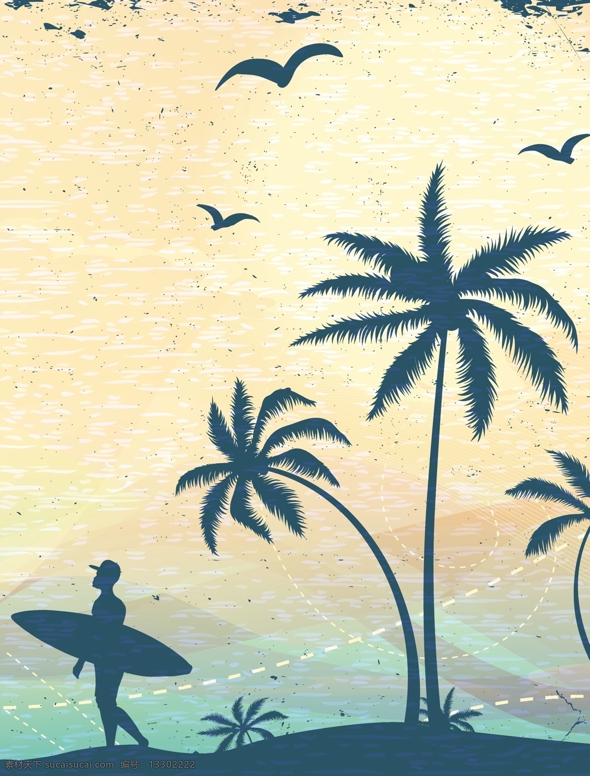 冲浪人物剪影 椰树 椰树插画 夏日主题插画 自然风光 空间环境 矢量素材 白色