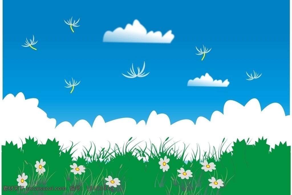 风景插图 风景图 蓝天图 蓝天白云图 春天 花儿 蒲公英 自然风景 自然景观 矢量