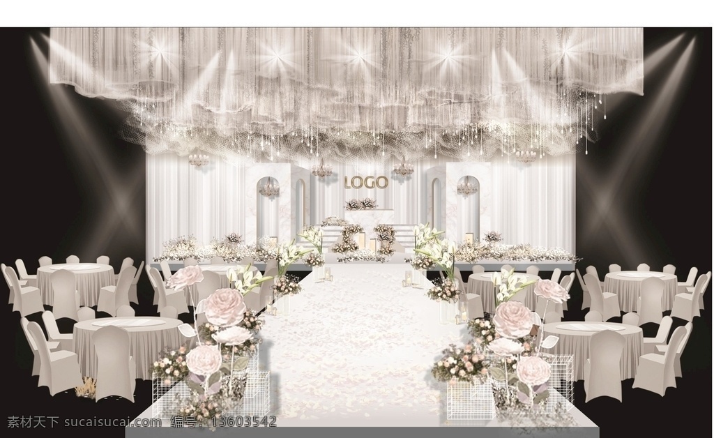 白色 简约 婚礼 效果图 舞台 主题 花艺 吊顶 香槟色 婚礼效果图 环境设计