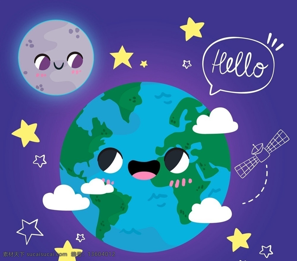 打招呼 地球 星星 语言气泡 卫星 月球 可爱 矢量 高清图片