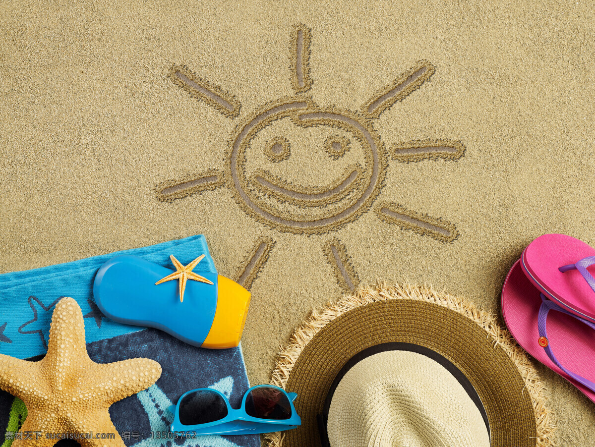 沙滩上的帽子 沙滩 帽子 海星 眼镜 拖鞋 自然风景 自然景观 黄色