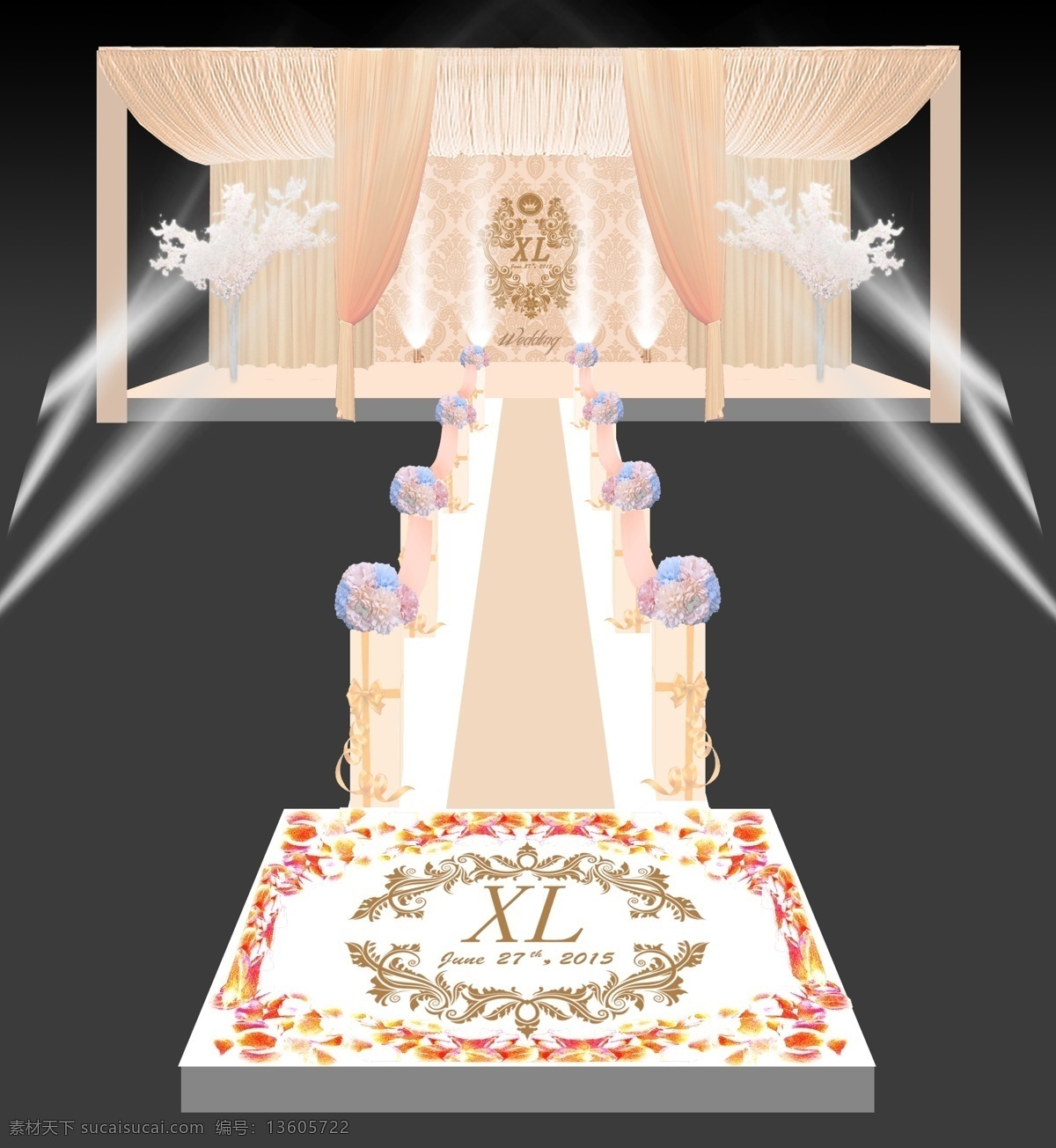 婚礼 效果图 抛幔 交接区方台 路引方柱加花 原创设计 其他原创设计
