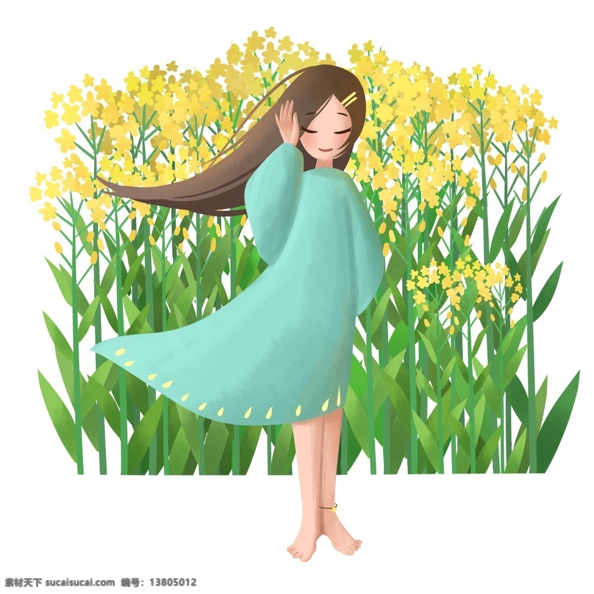 春游 踏青 女孩 插画 蓝色的衣服 卡通插画 春游插画 踏青插画 郊游 户外游玩 旅游 漂亮的女孩