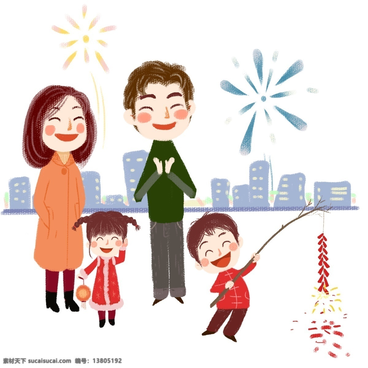 春节 一家人 放 烟花 插画 红色的灯笼 幸福的一家人 团聚插画 鞭炮 爆竹 放鞭炮 手绘卡通