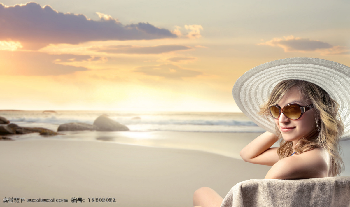 沙滩 帽子 美女图片 墨镜 美女 女人 外国人物 美女模特 人物图片