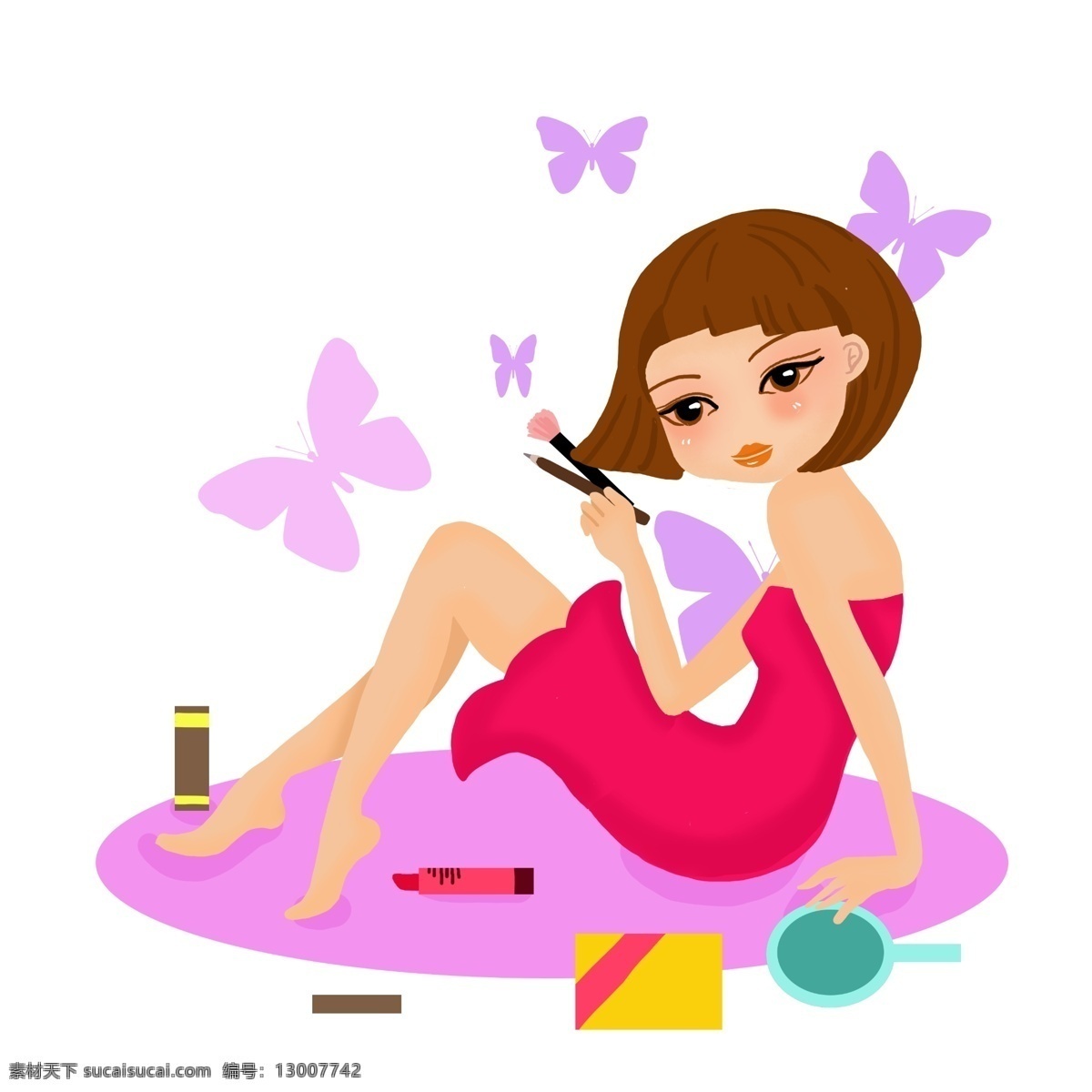手绘 爱美 女孩 插画 性感的女孩 红色的指甲油 卡通插画 爱美的女士 手绘美容插画 粉色的坐垫