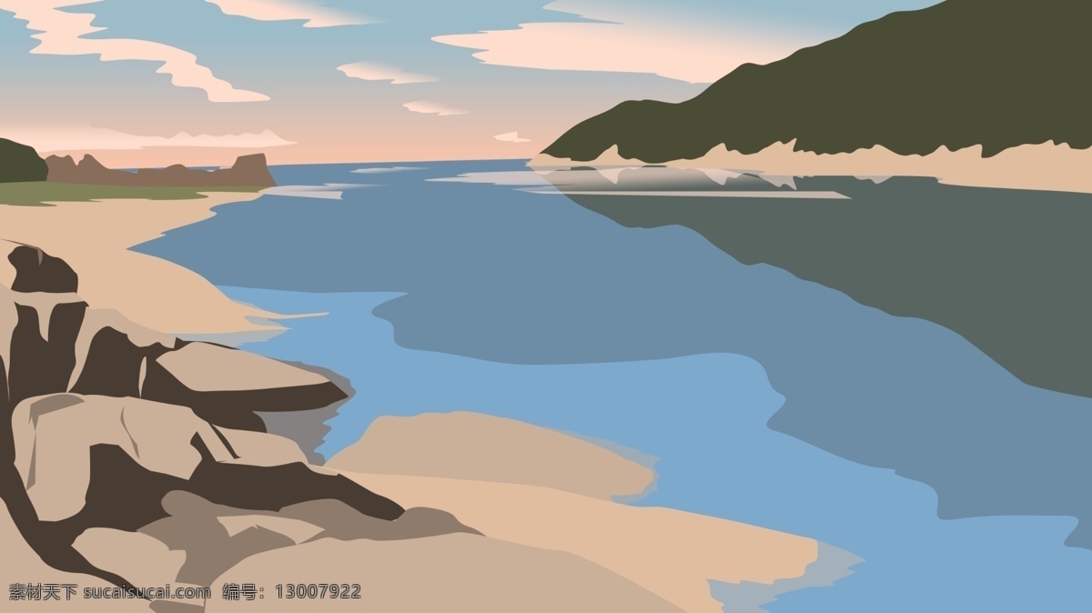 插画 月 你好 海边 沙滩 海滩 天空 云 岩石 八月 海 山