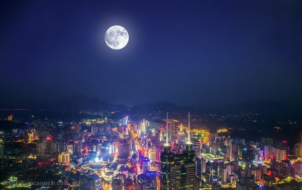 中秋夜景 月亮 圆月 城市 霓虹灯 灯火通明 建筑园林 建筑摄影