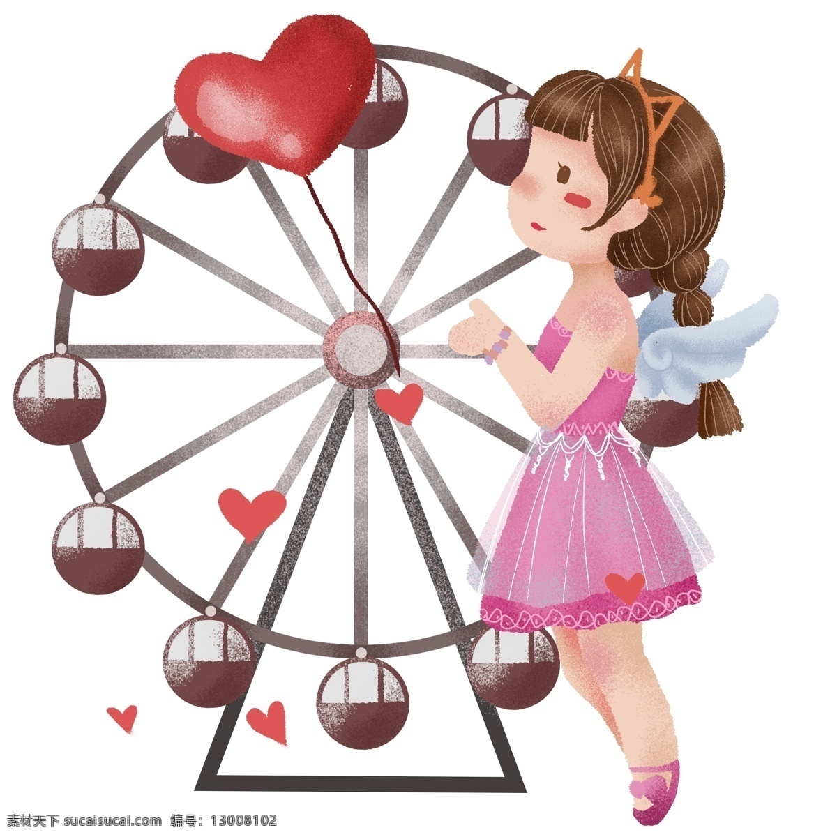 手绘 游乐场 摩天 轮下 美丽 女孩 少女 心形 气球 可爱 卡通 爱恋 向往 放飞 恋爱