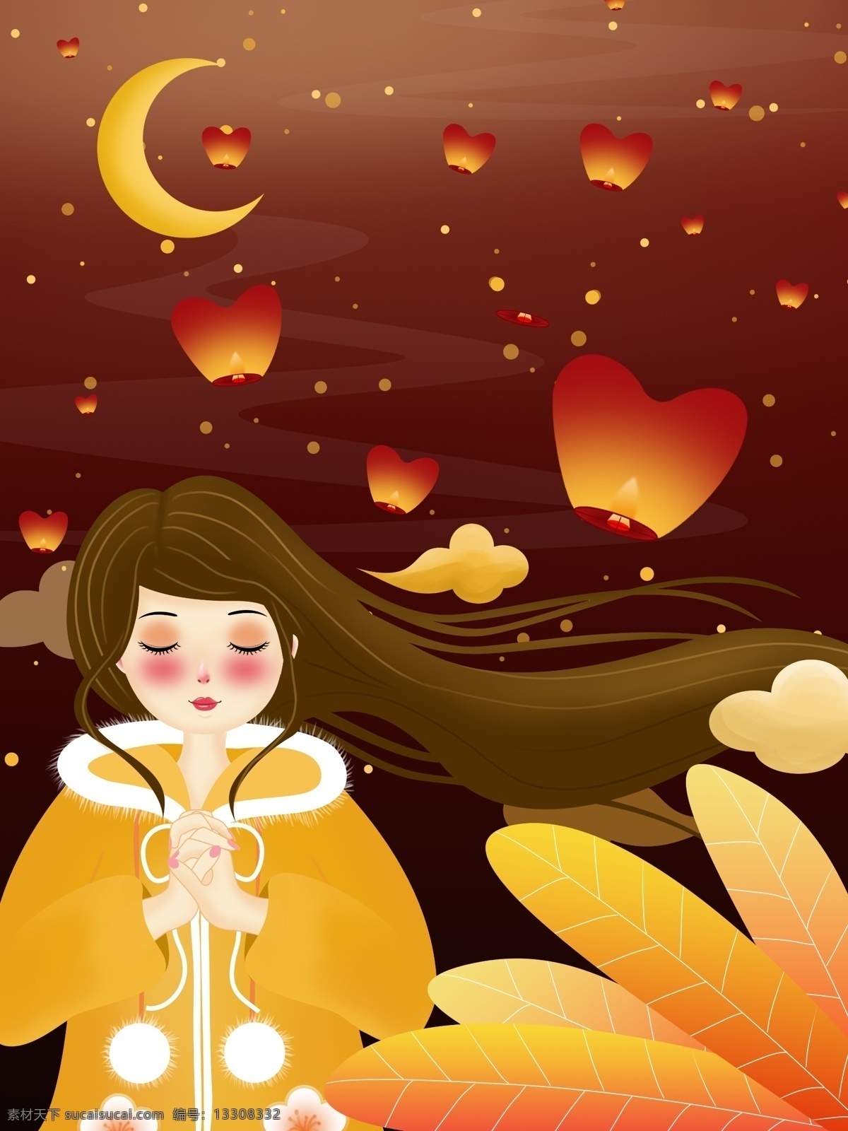 原创 新年 许愿 放 孔明灯 女孩 插画 月亮 星空 夜晚 云 元旦 许愿女孩 元宵节 祈福 猪年