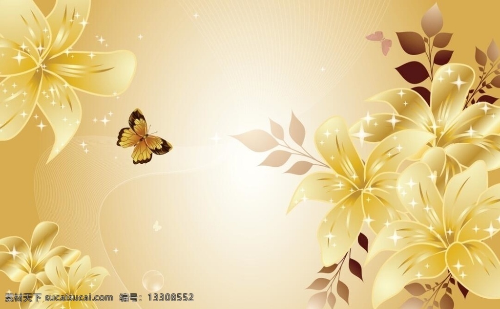 金色百合花 百合花 金色 花朵 花卉 植物 蝴蝶 叶子 线条 梦幻花 背景墙 背景墙移门 环境设计 其他设计