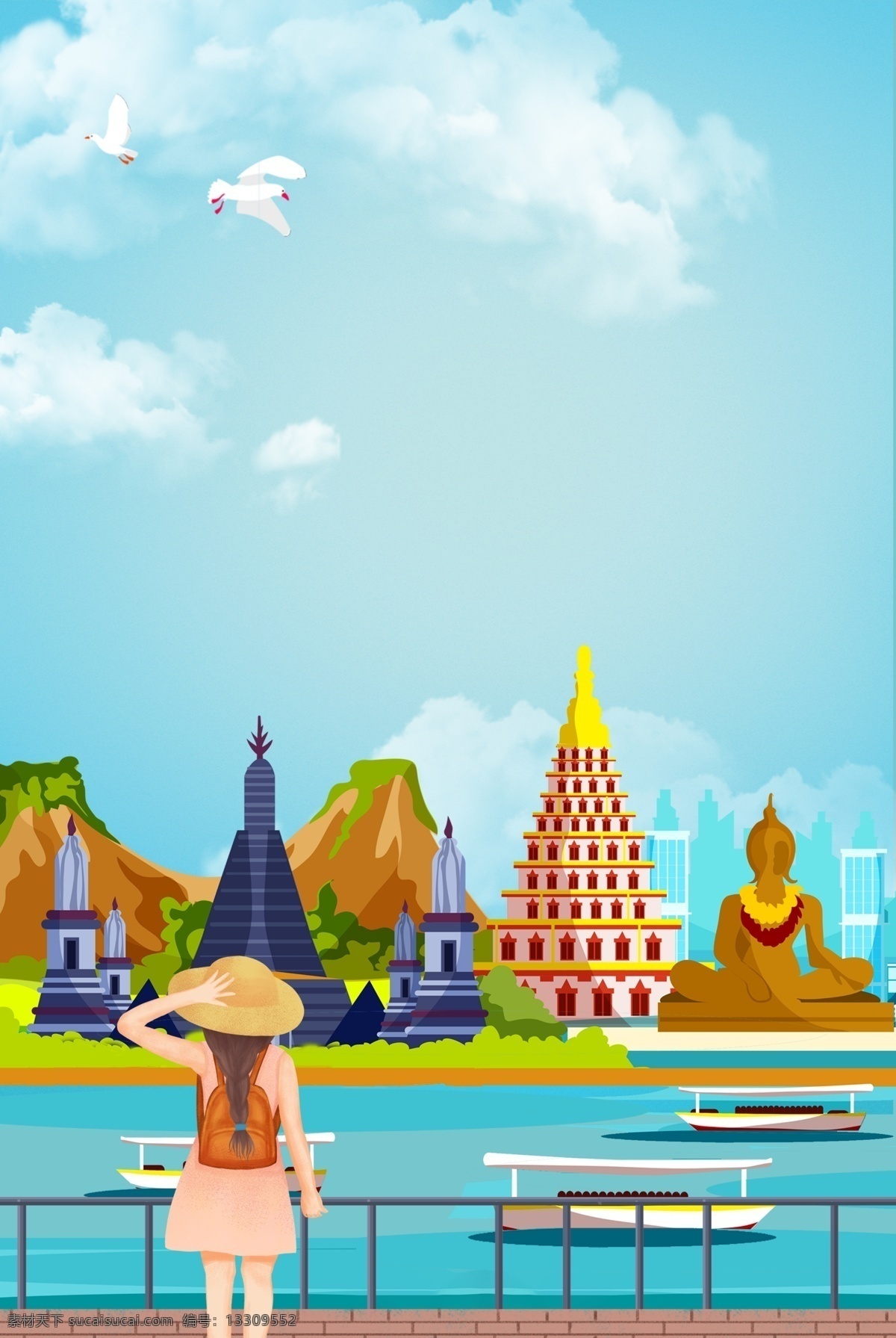创意 简约 泰国 旅游 合成 背景 环球 旅行 景点 泰国建筑 泰国旅游 世界旅游 国外游 卡通